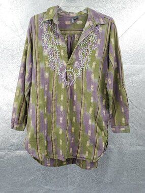 Anu Embroidered Tunic Top Women's M Green Purple Pullover Roll Tab Sleeves Boho